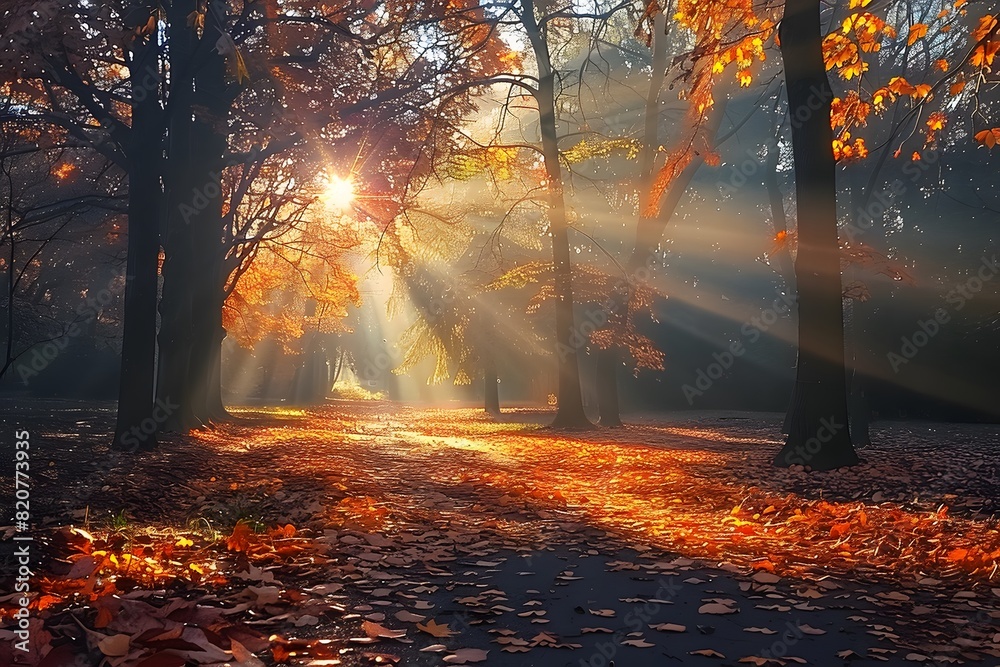 Autumn Sunrise in Forest Park - Golden Sunbeams Through Trees - Nature Photography for Posters and Prints