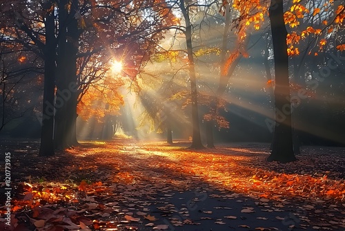 Autumn Sunrise in Forest Park - Golden Sunbeams Through Trees - Nature Photography for Posters and Prints © D