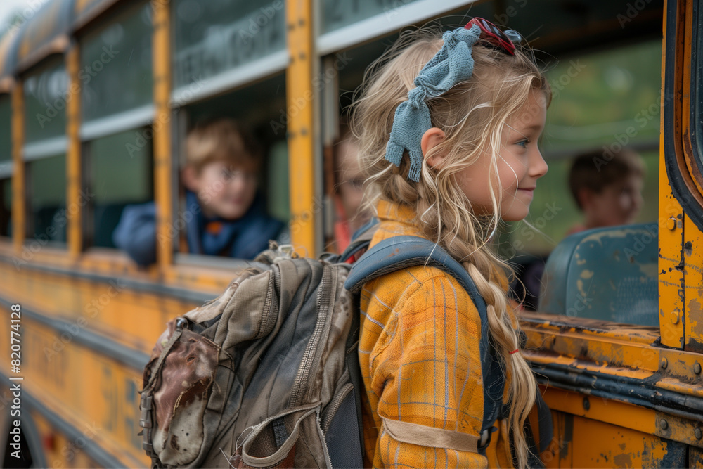 Children are boarding the school bus to go to school