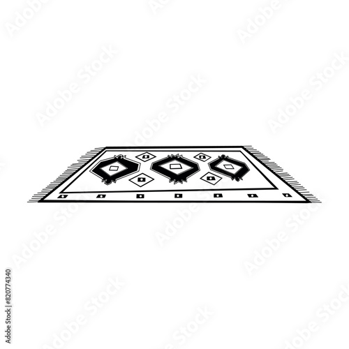Floor carpet with an ornament, rhombuses, triangles drawn in vector with a black outline on a white background. Interior item, illustration. For printing, designing interior sketches, scrapbooking.