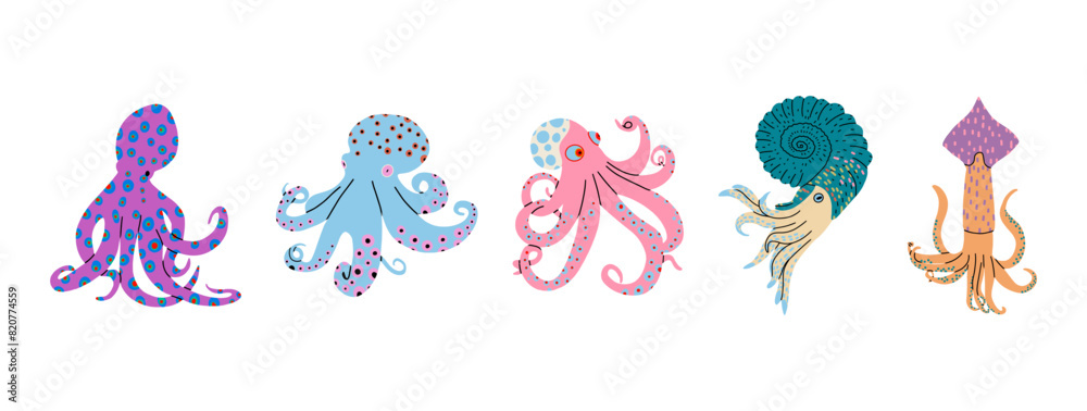Obraz premium Set of different types of octopuses. Sea creatures. Trendy vector illustration.