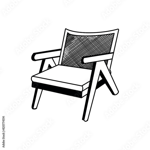 Vintage wooden chair with rattan on the back. Vector illustration of a chair, an interior item drawn in black. For designing interior sketches, visualizations, printing, scrapbooking.