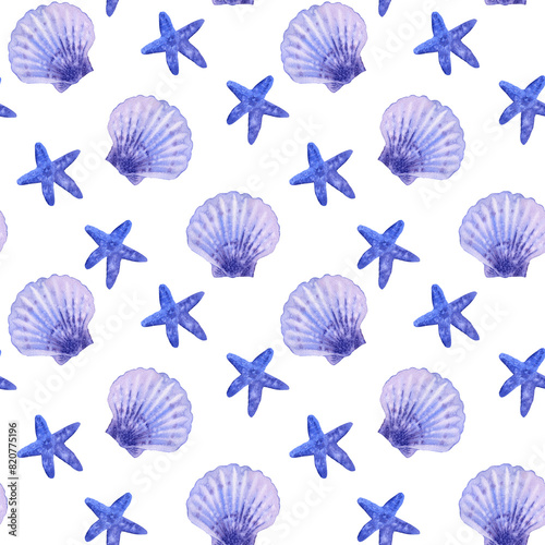Seamless pattern of a marine, tropical theme. Blue shells, starfish. Watercolor hand drawn illustration. On white background. For decoration, design, fabric, wrapping paper. Summer vibes. Sea bottom