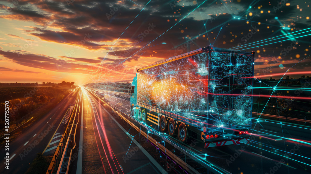 A futuristic smart truck driving on a highway A futuristic smart truck driving on a highway