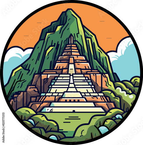Vector illustration of the machu picchu, bold outline, dark and bright colors