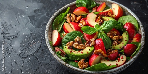 A healthy salad with spinach, fresh fruits, nuts, and a tangy dressing on a rustic plate.