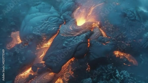 Magma lava slow motion flow black slate background volcanic soil planet - 4k stock video footage animation photo