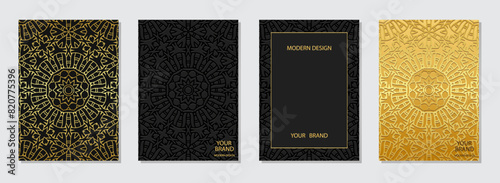 Set of ethnic covers, vertical templates. A collection of embossed, geometric backgrounds with a luxurious 3D pattern, golden texture. Mandala, ornaments, arabesques of the East, Asia, India, Mexico