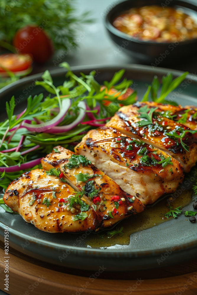 Grilled chicken fillet with a fresh green salad, cherry tomatoes, and lemon on a wooden plate. Grilled chicken fillet with a fresh green salad, cherry tomatoes, and lemon on a wooden plate.