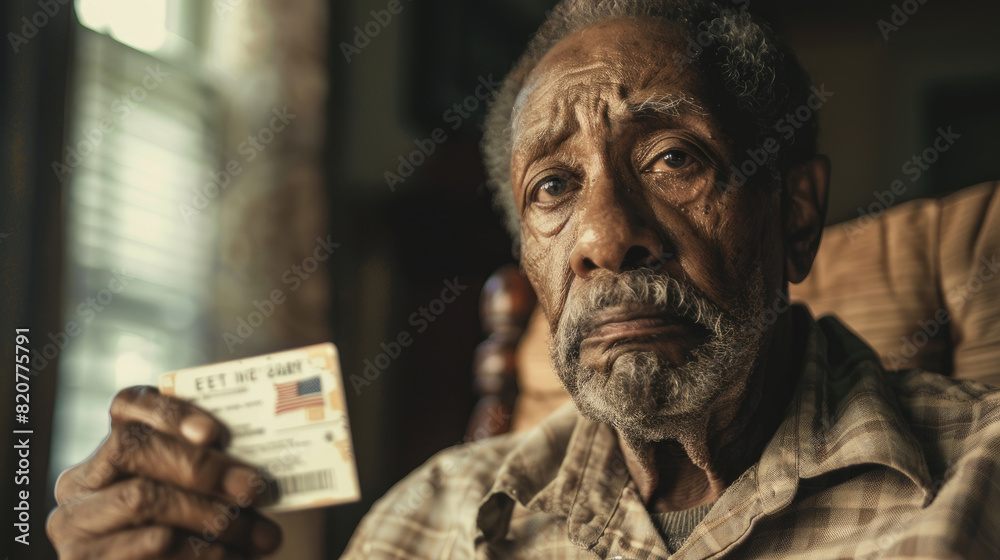 An elderly man with a solemn expression sits in a rustic, dimly lit room, holding up an ID card. He appears deep in thought, possibly reflecting on past experiences or memories An elderly man with a solemn expression sits in a rustic, dimly lit room, holding up an ID card. He appears deep in thought, possibly reflecting on past experiences or memories