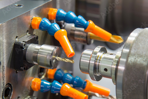 The multi- tasking CNC lathe machine swiss type drilling the metal shaft parts.