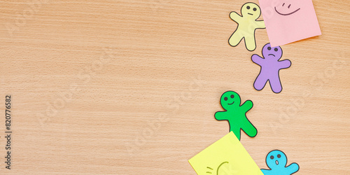 World mental health day. Paper men figures with different emotions. Feedback rating