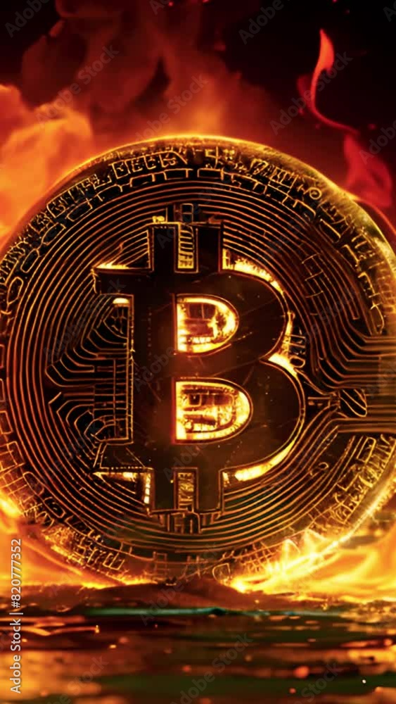 Bitcoin with hot flames on fire. Golden bitcoin crypto-currency with BIT symbol on fire flying high. Isolated on BLACK background. Crypto asset for the futuristic virtual gold. Bullish Bitcoin 4k