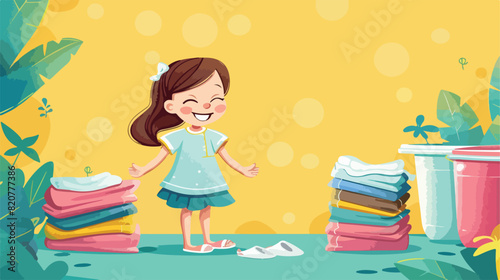 Happy little girl with laundry on color background