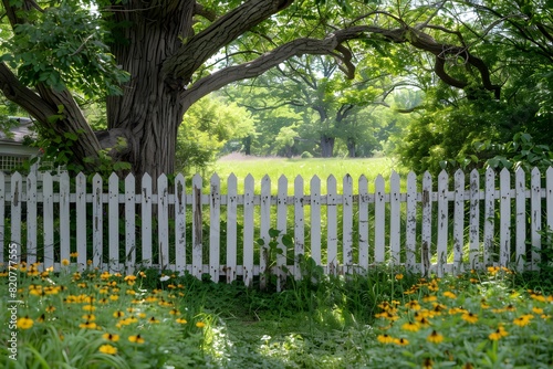 Tranquil Summer Garden with White Picket Fence for Poster  Card  or Print Design