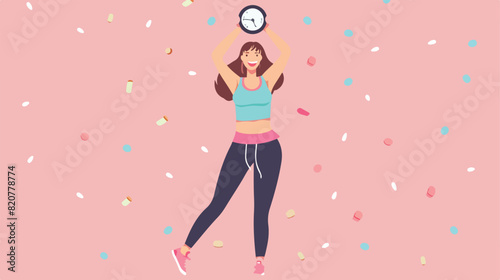 Happy young woman in sportswear and with weight scale