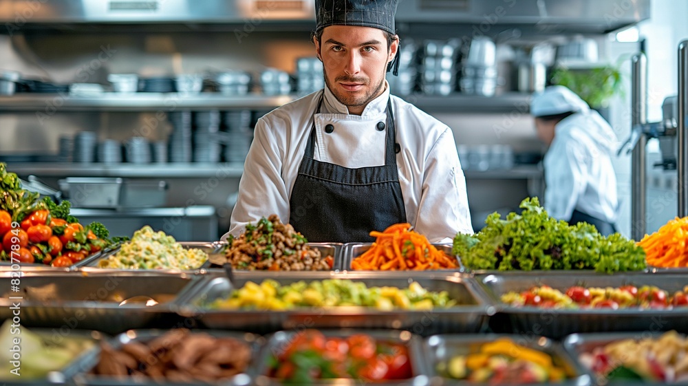 Chef in front of a fully stocked lunch serving station with trays filled with a variety of cuisine. Chef in front of a fully stocked lunch serving station with trays filled with a variety of cuisine.