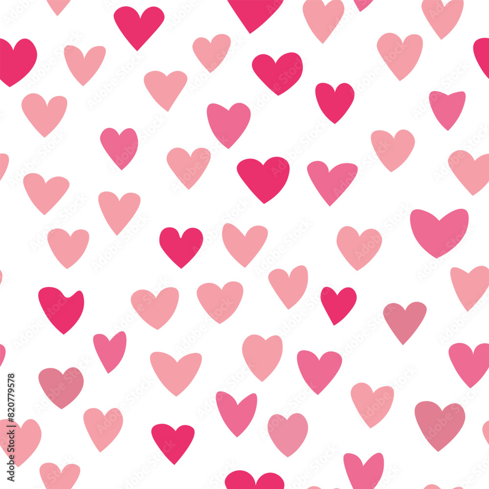 Seamless pattern with pink hearts. Template holiday vector illustration. Design for card, postcard, poster, print, banner. Cartoon colorful hearts on white background