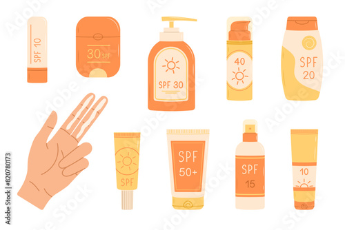 Sunscreen bottles and tubes set. SPF cream, lotion, spray and lip balm. Hand with SPF on two fingers. Flat vector illustration