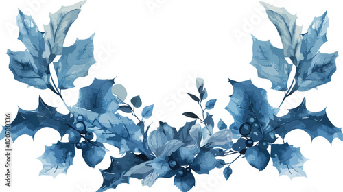 Indigo watercolor Christmas floral wreath leaves holl photo