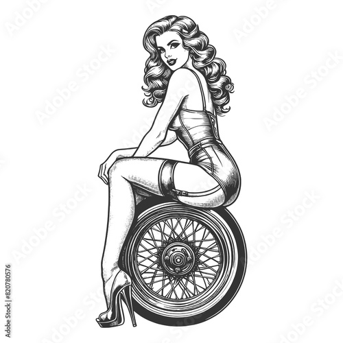 Obraz na plátně pin-up girl seated on a motorcycle wheel, capturing a classic glamorous pose sketch engraving generative ai fictional character raster illustration