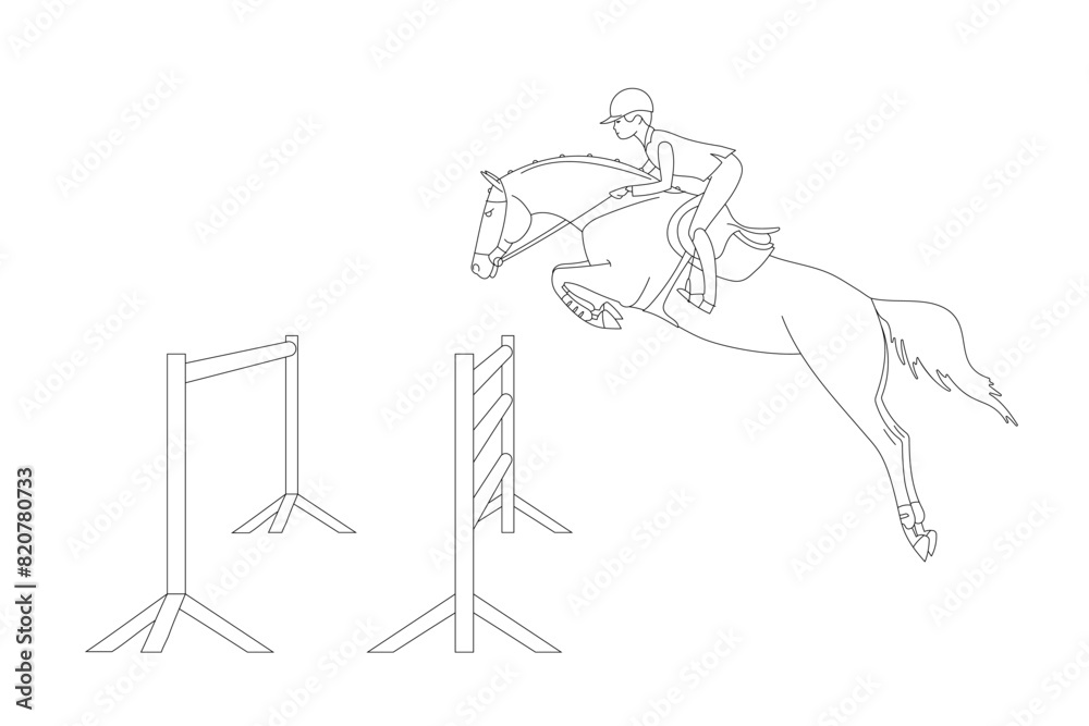 Fototapeta premium A rider on a horse jumps over an obstacle, line vector illustration
