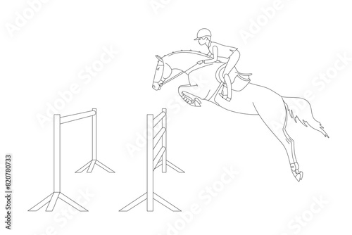 A rider on a horse jumps over an obstacle, line vector illustration