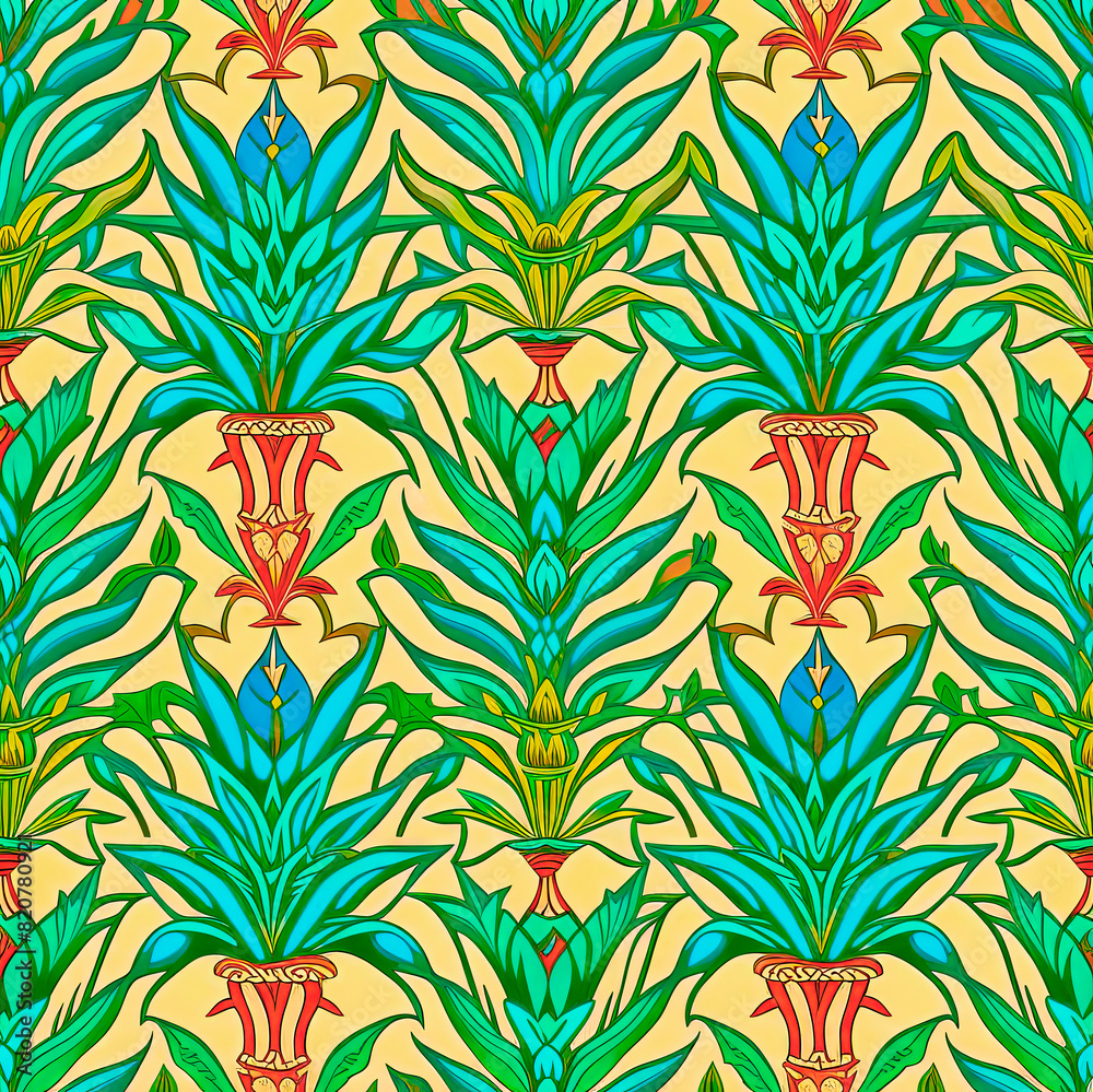Seamless pattern in the style of old Victorian wallpaper with a floral ornament in the form of aloe leaves. Seamless pattern in the style of old Victorian wallpaper with a floral ornament in the form of aloe leaves.