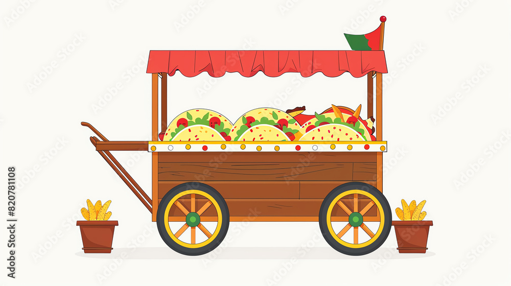 Taco cart flat design, front view, garden party theme, cartoon drawing, complementary color scheme Taco cart flat design, front view, garden party theme, cartoon drawing, complementary color scheme