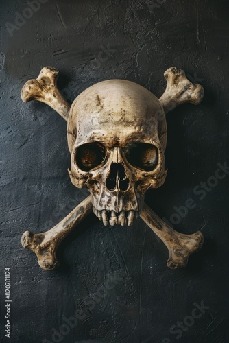 A skull and crossbones painted on a wall, perfect for Halloween decorations photo