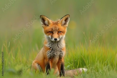 A red fox sitting in a grassy field. Perfect for wildlife and nature themes © Ева Поликарпова