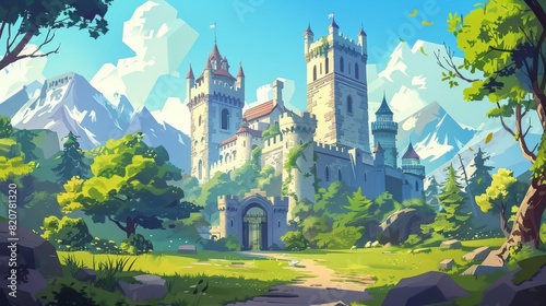 Fantasy game illustration of fairytale path to princess palace in green valley with gate and tower. Illustration of fairytale medieval castle in modern kingdom landscape.