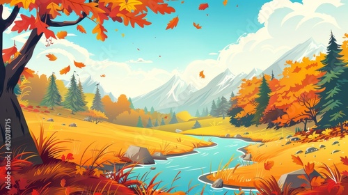 Autumn forest and mountain nature modern cartoon landscape. Falling leaves from trees  a picturesque stream  and orange grasses and woods.