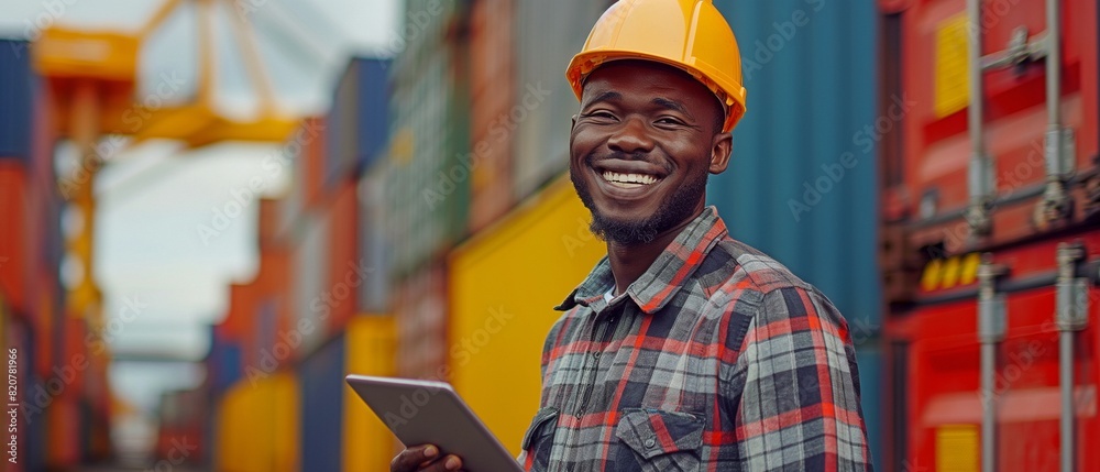 Walking in the industrial zone with a tablet PC, a happy logistics worker