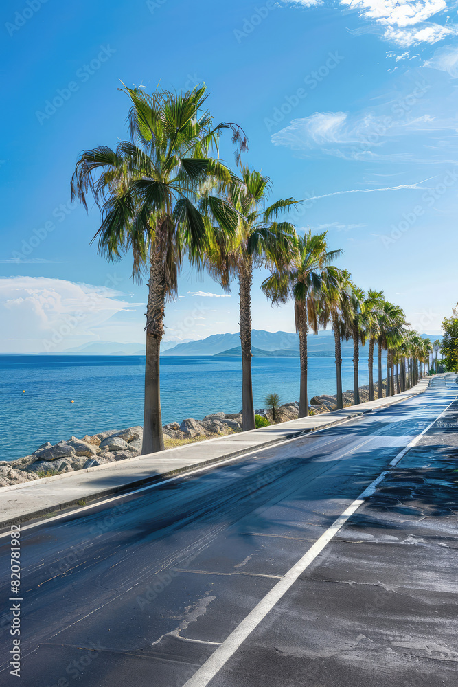 Asphalted empty promenade in front of the sea. Palm trees, sunny summer day. Asphalted empty promenade in front of the sea. Palm trees, sunny summer day.