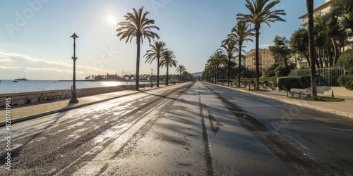 Asphalted empty promenade in front of the sea. Palm trees  sunny summer day.