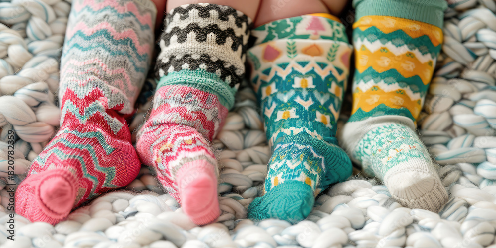 Baby feet in different socks with different patterns. Creative concept for a children's clothing store.