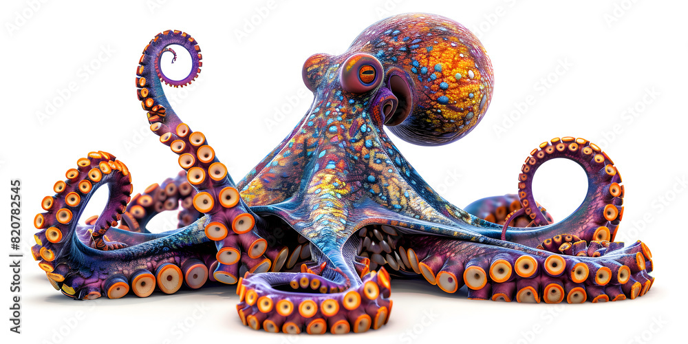 Octopus with purple and blue tentacles with no shadow on white background 
