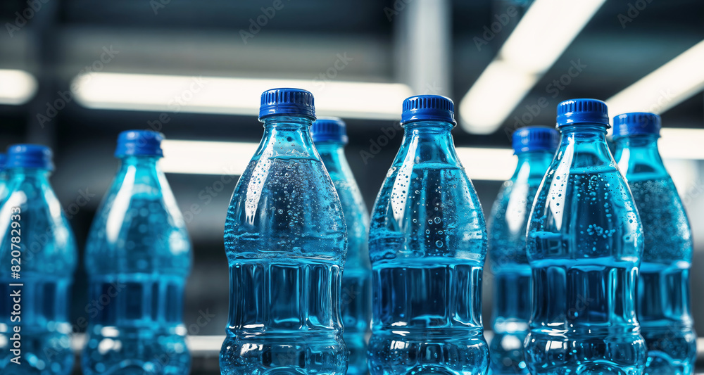 Plastic bottles on a conveyor belt are filled with drinking water Plastic bottles on a conveyor belt are filled with drinking water