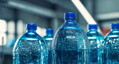 Plastic bottles on a conveyor belt are filled with drinking water photo