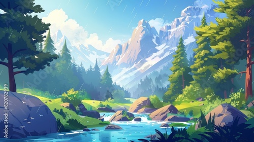 The river flows in the forest. Modern cartoon illustration of rainy spring weather, wet trees, stormy blue sky, streams or brooks in valleys, and beautiful nature. photo