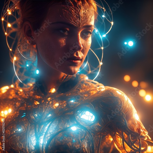Futuristic Bionic Woman with Glowing Light Particles