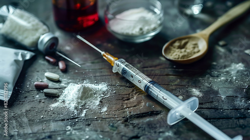 Assorted drug paraphernalia including a syringe, pills, and powder on a wooden surface, depicting a dangerous and grim scene.