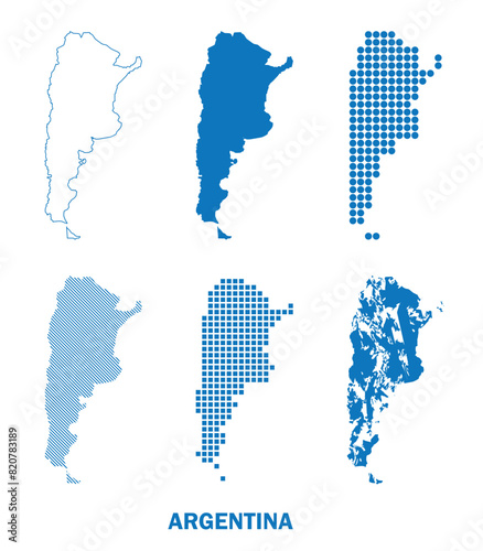 isolated maps of Argentina in South America - vector set of silhouettes in different patterns. Argentine Republic