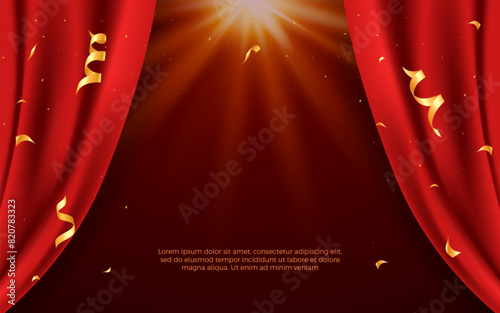 Stage background with realistic 3d red show curtains, theater scene vector background with golden confetti.