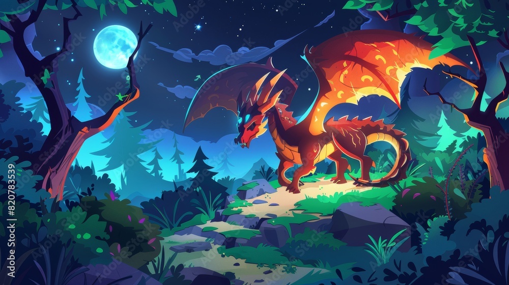 Dragon on path in magic forest background illustration. Halloween adventure game scene with spooky landscape cartoon wallpaper. Beautiful, nighttime fairytale with dark mythical characters.