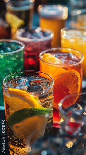 A table is covered with glasses filled with different types of colorful drinks at a cocktail party