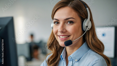 Portrait of a smiling Friendly and helpful customer service representative wearing a headse