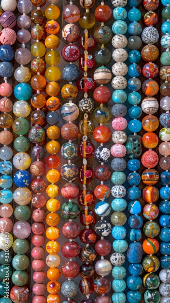 Various vibrant beads of different colors hanging on the wall in a stall for sale