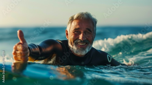 Smiling Senior Man Surfing Waves © Skater